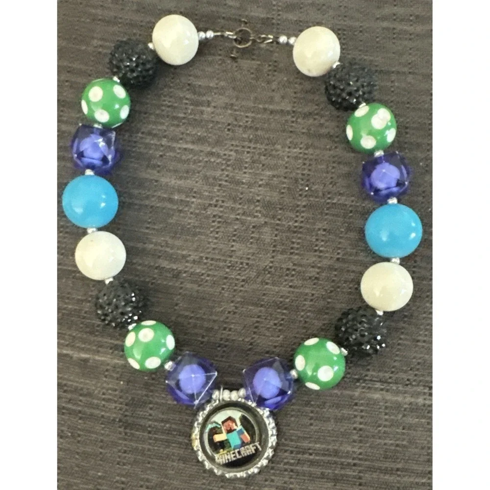 Minecraft Necklace Bottle‎ Cap Charm Kids Unique Beads Approx 16 Inches